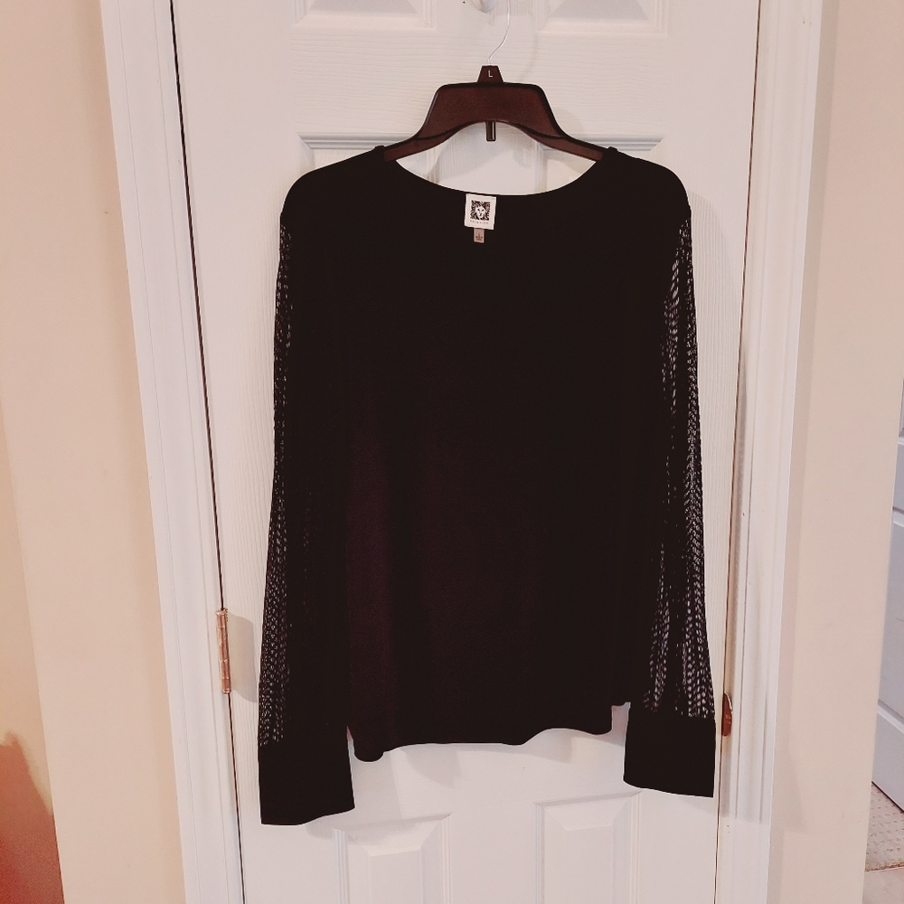ANN KLEIN LONG SLEEVE FORMAL STRETCH BLOUSE  LACE BUTTONED SLEEVES LG - NWT*